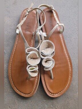 GUESS Women's Gold Floral T-Strap Sandals 8.5 M